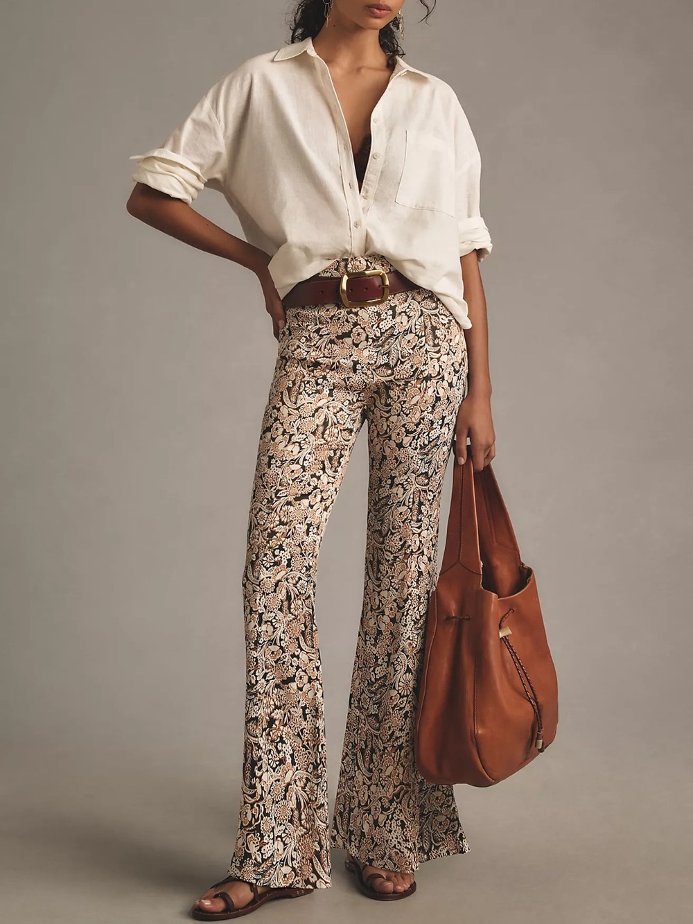 Anthropologie - Brown and Cream Satin Flare Pants